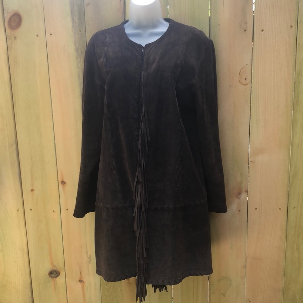 Chico’s Brown Leather Suede Collarless Jacket Coat Topper with Fringe Trim